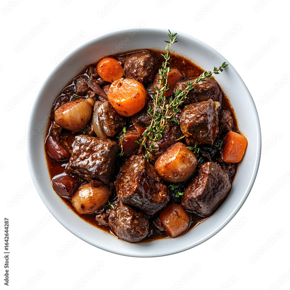 On a fresh delicious Boeuf Bourguignon isolated on a white background On a fresh delicious Boeuf Bourguignon isolated on a white background