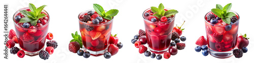 Four Glasses of Red Berry Punch, Isolated on Transparent Background, Summer Drink, Fruit Cocktail, Beverage, Cocktail, Punch, Red Berries