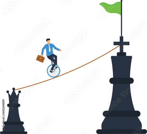 Businessman on Unicycle Balancing on Tightrope Towards Flag, Risk and Success Concept, success concept, financial risk, career goals, business strategy, corporate world, achievement goal, business 