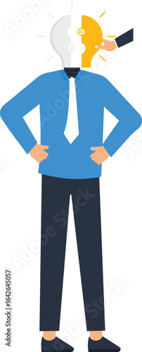 Conceptual Illustration of Idea Generation: Businessman with Lightbulb Head, Innovation Concept,idea generation, business man, bright side, unlit side, modern design, simple design, clean lines,