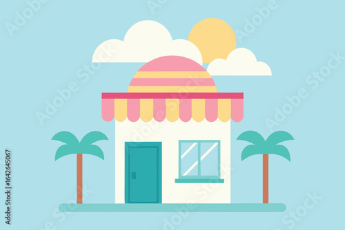 Photo of a cute store building with palm trees, clouds, and a sun, perfect for a summer vacation or tropical island resort