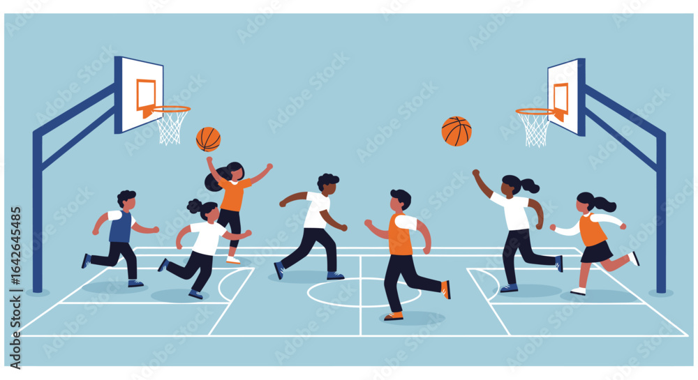Fototapeta premium Children play basketball on a court with two hoops, running, jumping, and throwing the ball in a cartoon illustration.