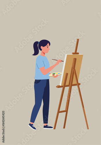 A young woman stands painting on a canvas mounted on an easel, holding a palette and brush.