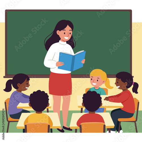 A female teacher reads a story from a book to a diverse group of young students in a classroom.