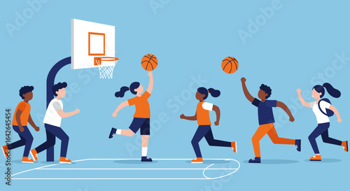 Diverse group of young children actively playing basketball together on an outdoor court with a hoop.