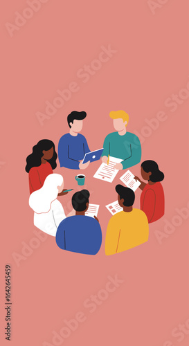 A diverse group of individuals engaged in a collaborative meeting around a table with documents and a laptop.