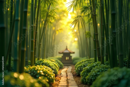 Mystical bamboo forest path leading to a traditional Japanese temple bathed in golden light