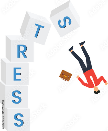 Stress Concept: Falling Businessman and Overturned Blocks with Blue Letters on White Background,, falling businessman, overturned blocks, isolated elements, simple design, modern design, abstract