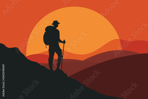 Photo of silhouette of a hiker with backpack and trekking pole on mountain at sunset, capturing the essence of outdoor adventure and travel destination