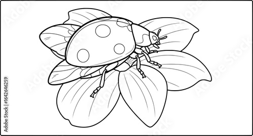 Simple black-and-white ladybug on leaf coloring page for preschool and kindergarten worksheets. Thick lines, easy to color. Vector EPS.