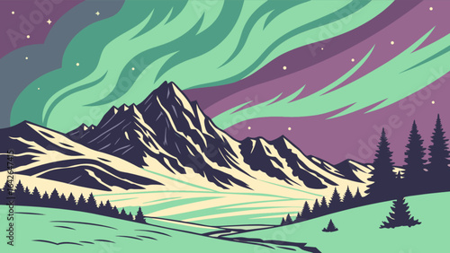 Mountain landscape aurora borealis night sky vector illustration scenic nature background wallpaper design