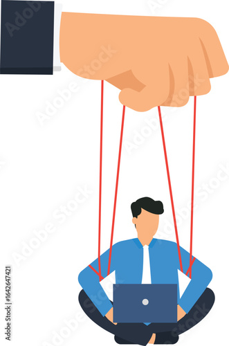 Puppet Master Concept: Hand Controlling Businessman with Strings, Laptop, Blue Shirt, White Background,business concept, corporate control, financial control, hand gesture, puppet concept, control con