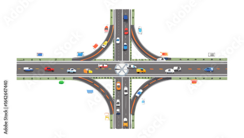 Aerial view of highway interchange with cars traffic and transportation design illustration vector graphic