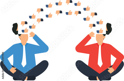 Conceptual illustration of feedback and opinions, two figures with thumbs up and down symbols, disapproval concept, idea exchange, teamwork concept, collaboration concept, creative concept, graphi
