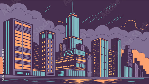 Cityscape skyline illustration of urban buildings and architecture at night with a dark sky backdrop