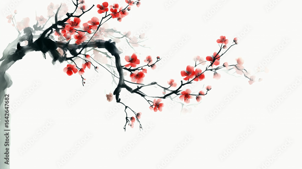 Fototapeta premium 홍매화 꽃을 그린 동양화-Oriental painting of red plum blossoms