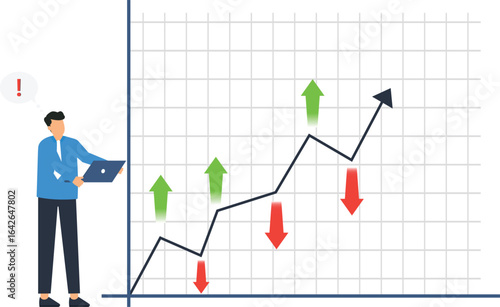 Financial Chart Analysis with Businessman, Upward Trend, and Downward Trend, Business Concept,, blue shirt, black pants, white background, business concept, stock market, financial data, market trends