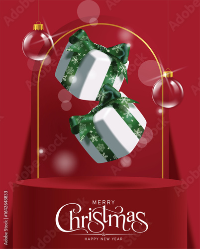 Merry Christmas red podium clipart poster. Red podium stage with Merry Christmas and Happy new year greeting, gift box and hanging glass ball elements for xmas sale product advertising clip art vector