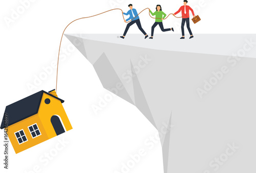 Teamwork Concept: People Saving House from Falling Off Cliff, Business Risk, Financial Crisis,, urgent situation, property risk, rope holding, teamwork effort, business risk, financial danger, propert
