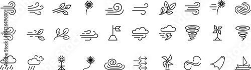 Hand drawn doodle wind motion set featuring swirls, air blow, and smoke flow elements. Vector illustration