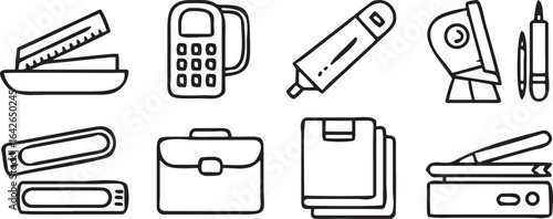 Black and white line art icons of office supplies and business items stapler phone