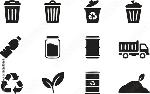 Silhouette Waste Management and Recycling Icons – Trash, Bin, Eco, and Sustainability Vector Set