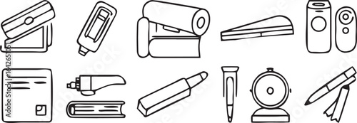 Collection of black and white hand drawn office supplies and stationery stapler highlighter