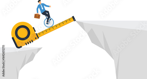 Businessman on Unicycle Crossing Gap with Tape Measure, Risk and Measurement Concept, taking chances, risk assessment, business challenges, visual narrative, clean design, yellow and, balancing act,