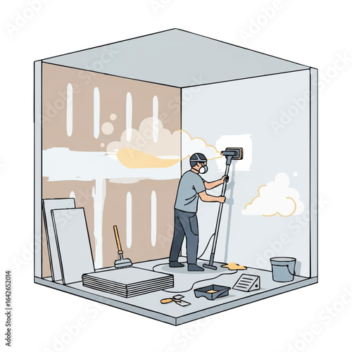 A worker in protective gear sands a wall in a room under renovation, showing dust clouds and renovation supplies.