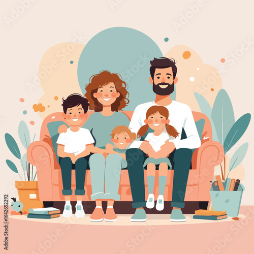 Smiling family of four enjoys cozy time together on a comfortable sofa, radiating warmth and happiness.