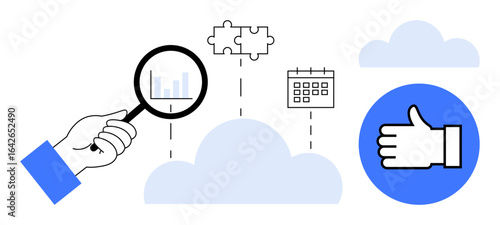 Hand holding magnifying glass viewing bar chart, connected to puzzle, calendar, and approval icons within a cloud network. Ideal for analysis, teamwork, planning, strategy, collaboration approval