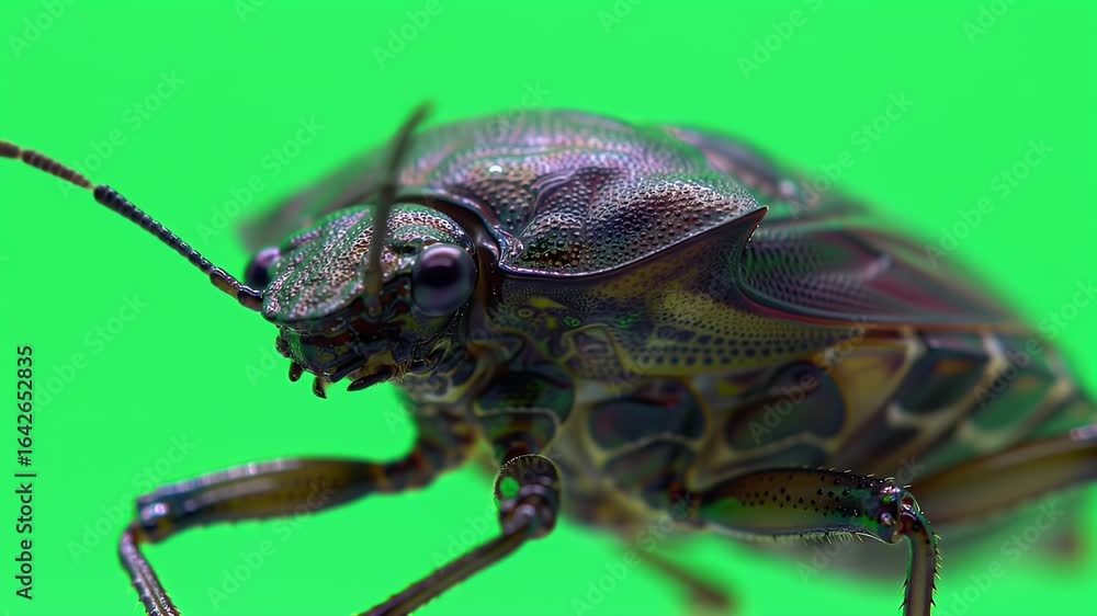 Close-Up of Iridescent Shield Bug on Bright Green Background Close-Up of Iridescent Shield Bug on Bright Green Background