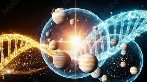 Cosmic DNA Helix with Planets in Glowing Spheres Representing Life and Universe
