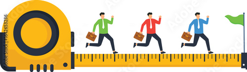 Business Competition Concept: Running Executives on a Tape Measure Towards a Green Flag,, reaching targets, bright colors, clear message, clean design, modern style, business themes, competition conce