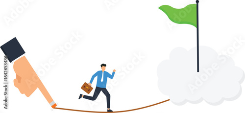 Businessman Walking Tightrope Towards Goal, Concept of Risk, Challenge, Success, Achievement,, achievement goals, success concept, financial planning, business challenge, career path, business decisio