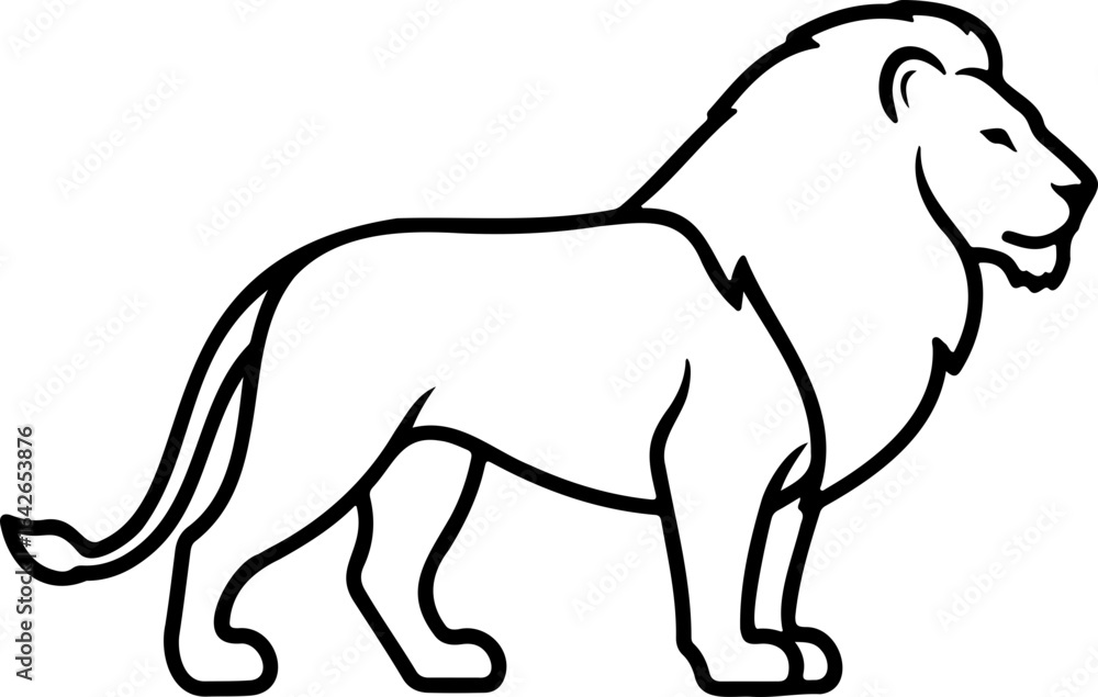 Obraz premium Lion illustration standing in a side view with a thick black outline on a white background design drawing