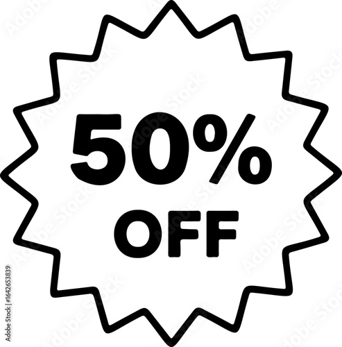 A fifty percent off sale tag with a jagged star shape outline in black and white promotion image