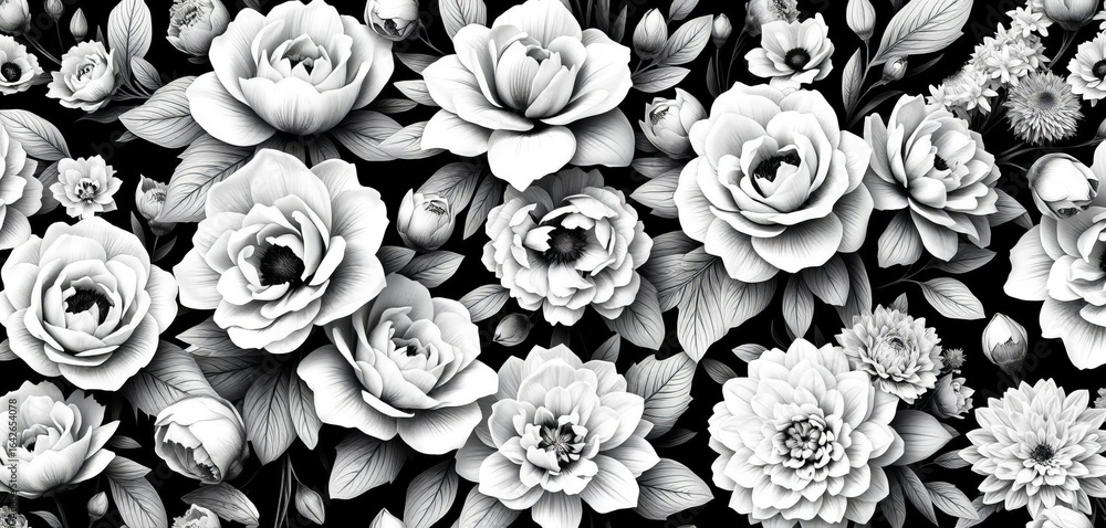 Elegant monochrome floral vector seamless pattern featuring roses, peonies, hydrangeas, and chrysanthemums,  illustration, seamless