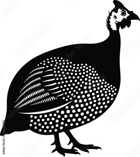 Black guinea fowl with speckled pattern, representing exotic poultry and ornamental wildlife in a simple silhouette design