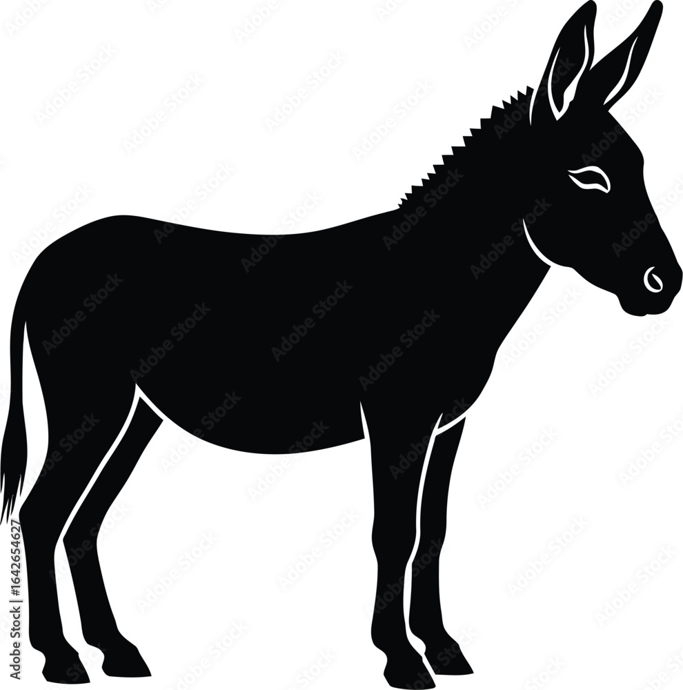 Fototapeta premium Silhouette of a donkey, a domestic animal often used as a beast of burden in rural areas, standing in a field with its long ears perked up
