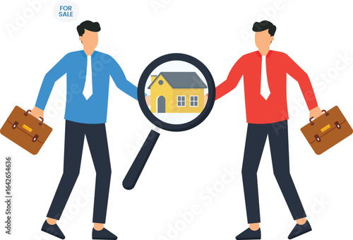 Real Estate Agents Examining House For Sale with Magnifying Glass, Business Concept,, Black hair, Business concept, Property search, House hunting, Property market, Real estate, Property investment, 
