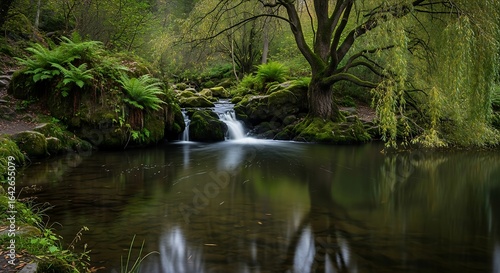 Small waterfall flowing into a pond in a lush green forest