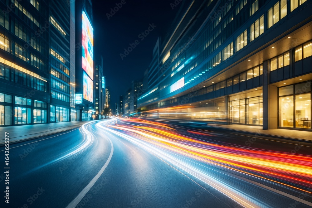 Naklejka premium Motion blur light trails on urban street at night with modern buildings and illuminated windows in dynamic abstract city background concept.