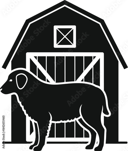 A black illustration of a cute animal standing in front of a barn, showcasing the bond between animals and the rustic charm of farm life