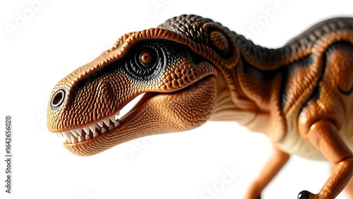 A detailed closeup of a dinosaur figurine with dramatic side lighting against a clean white background.