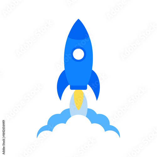 Blue Rocket Blasting Off with Smoke Trail on Transparent Background
