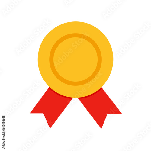 Golden Circle Medal with Red Ribbon on Transparent Background