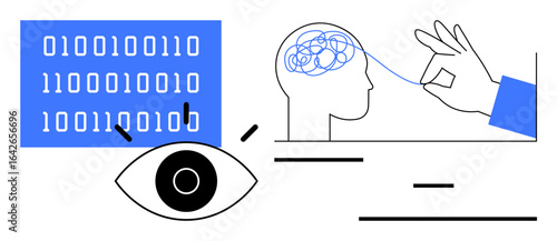 Eye focusing on binary code, brain with tangled lines being unraveled by hand. Ideal for technology, AI, problem-solving, data analysis, innovation, human intelligence, and simple landing page
