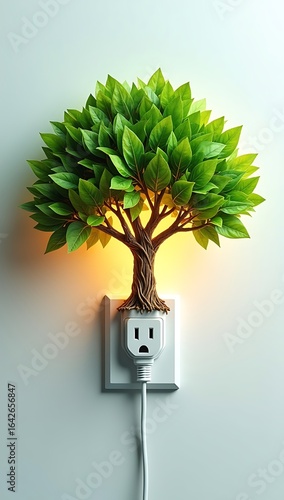 Close-up of a glowing electric plug shaped like a tree, symbolizing renewable energy and sustainable technology, placed on a clean white background.