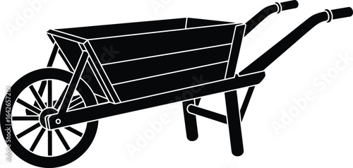 Silhouette of a wooden wheelbarrow, a single object, a simple tool for gardening and construction